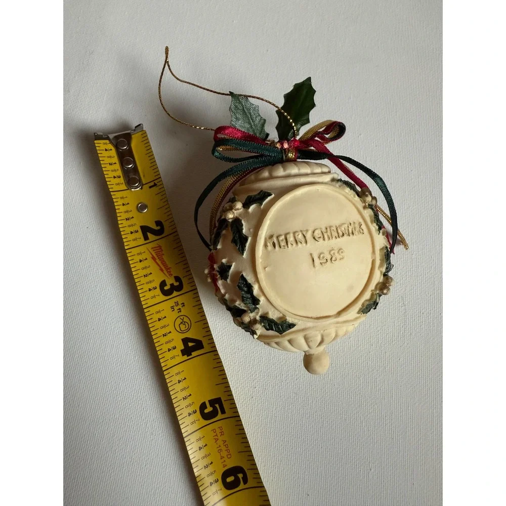 Vintage 1989 Merry Christmas Ornament Poinsettia Holly Ribbon Commemorative 3in